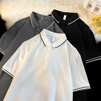 Летняя мужская рубашка-поло с воротником-лацканом, Большой Размер, Шелковистая японская трендовая Свободная Повседневная универсальная футболка-поло для гольфа с коротким рукавом для мужчин