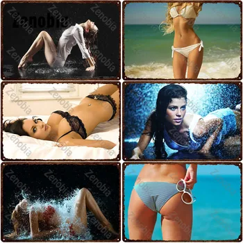 Сексуальный металлический Плакат, Девушка в бикини на пляже, Металлическая вывеска, Жестяная вывеска, Девушка в Бикини на пляже, Винтажная табличка, жестяная картина, домашний декор